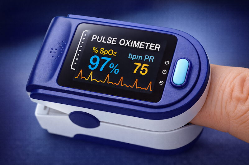 Pulse oximeter device showing SpO2 blood oxygen level reading on finger for home monitoring