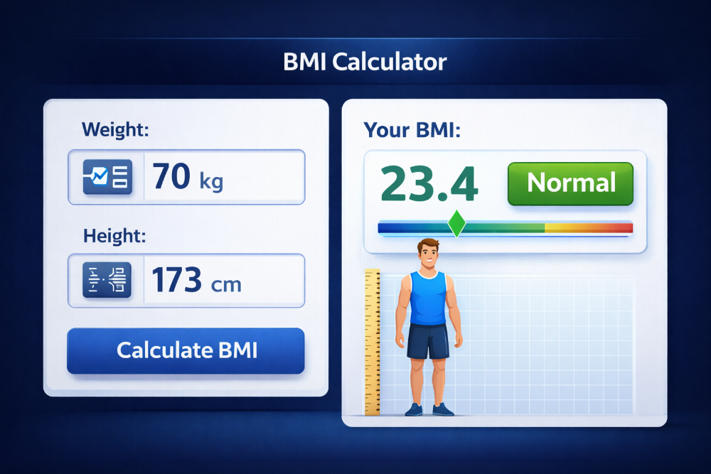 Free online BMI calculator interface showing weight height inputs and BMI result with status for men women adults